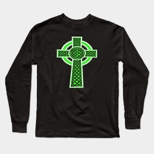 Ornamental Celtic High Cross Decorative Knotwork Green and White Long Sleeve T-Shirt